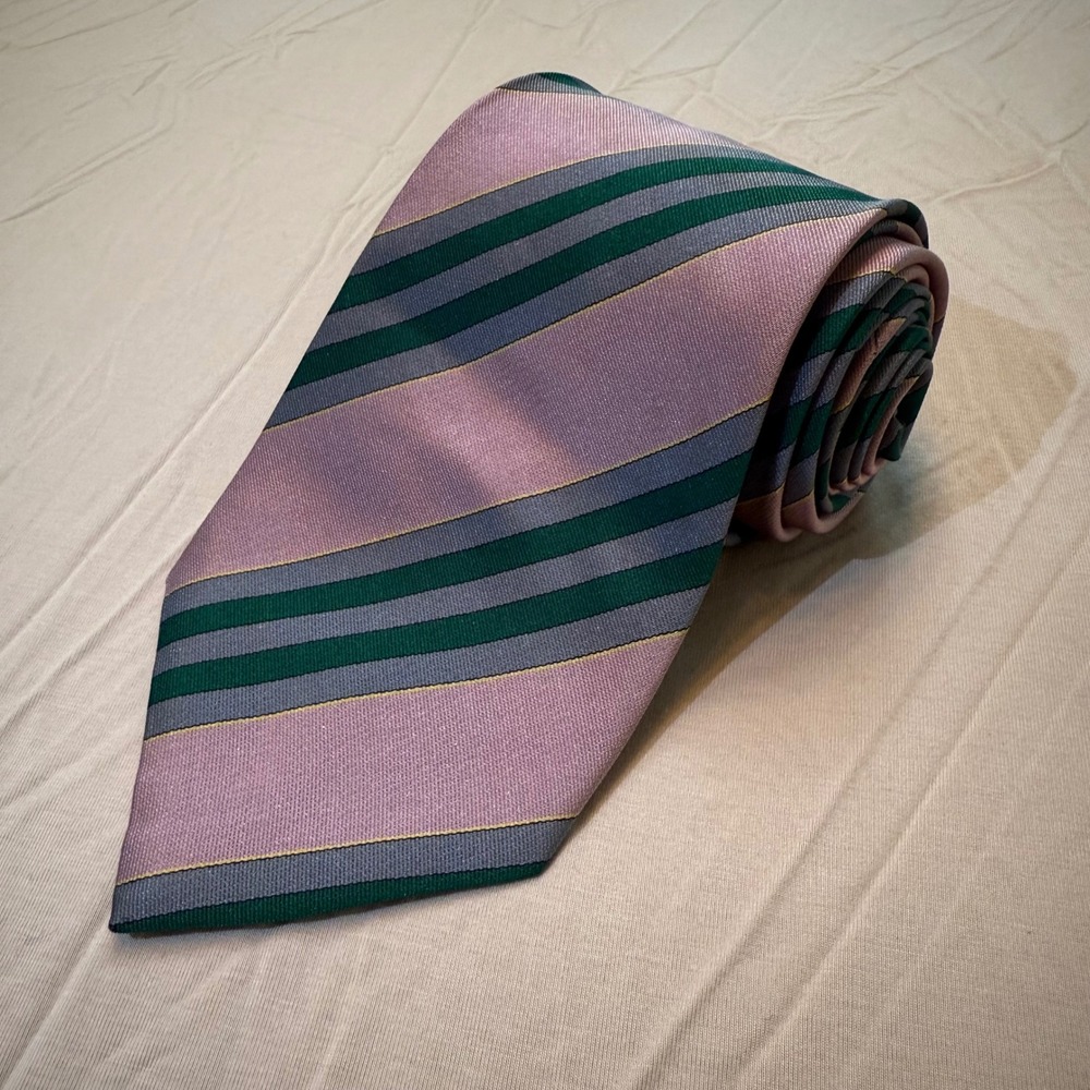 LANVIN‎ Paris 100% Silk Made in France Striped Necktie Pink Green Grey Striped